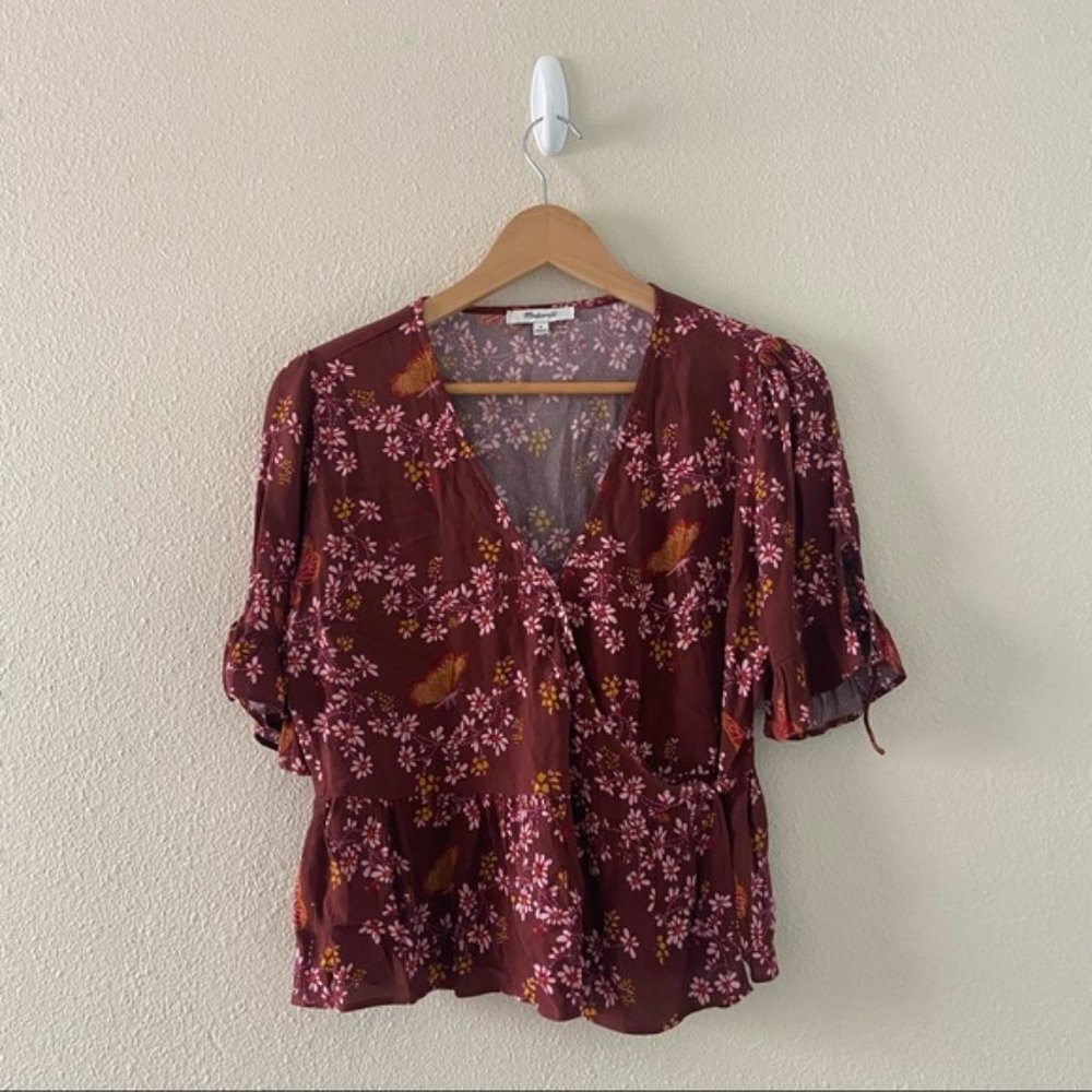 Madewell Tie-Sleeve Red Floral Wrap‎ Top